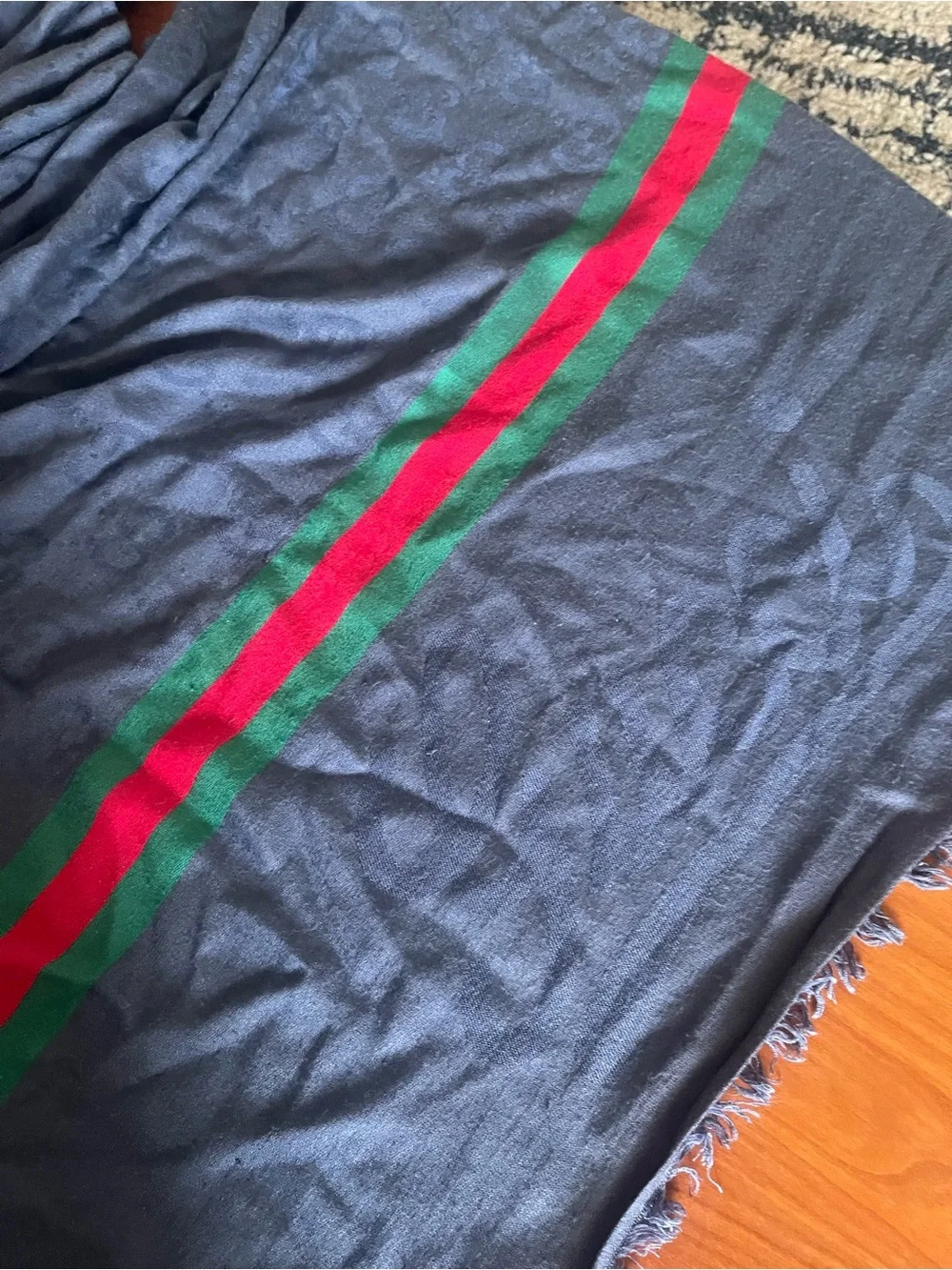 Gucci Blue Scarf with Red and Green Stripes